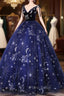 Dark Blue A-Line Tulle Lace Long Formal Prom Dresses, Dark Blue Long Formal Dresses