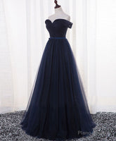 Dark Blue A Line Tulle Long Prom Dress, Evening Dress