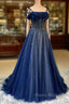 Dark Blue Tulle Sequin Long Formal Prom Dresses A Line Birthday Party Dresses