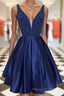 Dark blue v neck beads satin short Formal Prom dress, blue homecoming dress