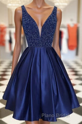 Dark blue v neck beads satin short Formal Prom dress, blue homecoming dress