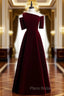 Dark Burgundy Velvet Irregular Neck Short Sleeve Formal Prom Dresses