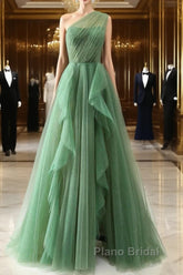Dark Green A-Line One-Shoulder Sequins Tulle Long Formal Prom Dresses