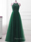 Dark Green Cross Back Tulle Halter Long Party Dresses, A-line Junior Formal Prom Dresses