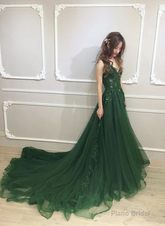 Dark Green Low Back Beaded Lace V-neckline Party Dress A-line Prom Dress Floor Length