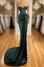 Dark Green Mermaid Spaghetti-Straps Satin Long Formal Prom Dresses With Beadings