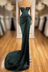 Dark Green Mermaid Spaghetti-Straps Satin Long Formal Prom Dresses With Beadings
