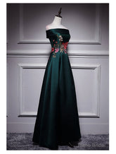 Dark Green Satin Off Shoulder Floor Length Satin Party Dress, Green Prom Dress Formal Dress