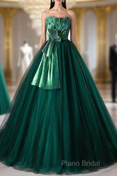 Dark Green Strapless Tulle Long Formal Prom Dresses, Beautiful A-Line Formal Dresses