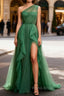 Dark Green Tulle A-Line One-Shoulder Long Formal Prom Dresses