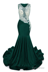 Dark Green V-Neck Sheer Corset Prom Dresses Beaded Mermaid Long Train Evening Gowns