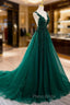 Dark Green V-neckline Lace Long Beaded Formal Prom Dresses, Dark Green Party Dresses