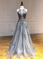 Dark Grey Halter Backless Tulle with Lace Party Dress A-line Grey Formal Dress prom dresses shops