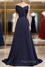 Dark Navy Blue Long Satin Formal Prom Dresses, Dark Navy Blue Long Formal Evening Dresses