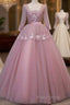 Dark Pink V-Neckline Ball Gown Lace Applique Sweet 16 Dresses, Pink Formal Prom Dresses Party Dresses