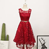 Dark Red High Low Lace Party Dress Homecoming Dress, Red Short Prom Dress