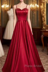 Dark Red Straps Beaded Sweetheart Satin Long Party Dresses, Wine Red Formal Prom Dresses