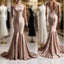 Deep Champagne Mermaid Simple Satin Long Formal Prom Dresses Backless Evening Gown