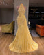 Yellow Evening Dresses, Long High Neck Sparkly Feather Luxury Bling Evening Gown Formal Dress, Long Prom Dress