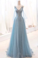 Dusty Blue Sparkly Tulle Long Prom Dress, A-Line Spaghetti Strap Evening Dress