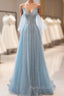 Dusty Blue Sparkly Tulle Long Formal Prom Dresses, A-Line Spaghetti Strap Evening Dresses