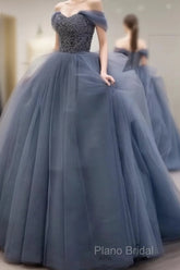 Dusty Blue Tulle Formal Prom Dresses Off Shoulder