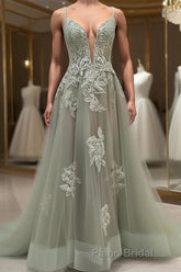 Dusty Sage Formal Prom Dress Plunging V Neck Appliques Lace-Up A-line Long Evening Gown