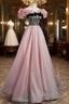 Elegant A-line Pink Off Shoulder Long Evening Dresses, Pink with Black Lace Long Formal Prom Dresses