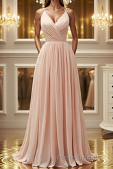 Elegant A Line V Neck Pink Long Formal Prom Dress, Pink Formal Graduation Evening Dress