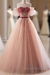 Elegant And Sweet Powder Blusher Powder Beading Sequins Off Shoulder Short Sleeve Formal Prom Dresses Powder Blusher Powder A-Shaped Princess Bow Belt Tulle Backless And Floor Length Evening Dresses