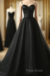 Elegant Black Straps Tulle Sweetheart Formal Prom Dresses, Black Party Dresses