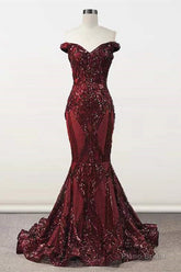 Elegant Burgundy Off-the-shoulder Mermaid Prom Dresses