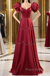 Elegant Burgundy Satin Long Formal Prom Dresses With Beaded, Burgundy Short Sleeve Evening Dresses