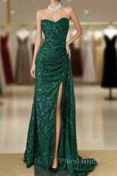 Elegant Dark Green Sweetheart Neck Mermaid Long Formal Prom Dresses Sequin Strapless Formal Evening Dresses