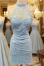 Elegant High Neck Open Back Lace Homecoming Dresses Sheath Party Dresses