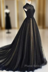 Elegant High Neck Formal Prom Dresses Black Formal Dresses A Line Floor Length Evening Dresses