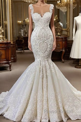 Elegant Ivory Long Mermaid Sweetheart Ruffles Lace Wedding Dresses