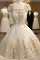 Elegant Lace Cheap Homecoming Dresses, Cap Sleeve Tulle A-Line Homecoming Dresses