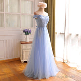 Elegant Light Blue Lace Applique Top Long Party Dress, Off Shoulder Bridesmaid Dress