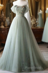 Elegant Light Green A-Line Tulle Off The Shoulder Long Formal Prom Dresses Formal Dresses,