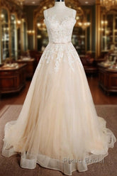Elegant Long A-line Appliques Lace Tulle Wedding Dress