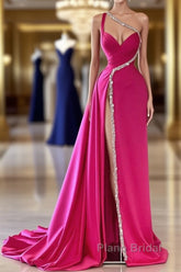 Elegant Long A-line One Shoulder Sweetheart Sleeveless Satin Formal Prom Dress With Slit