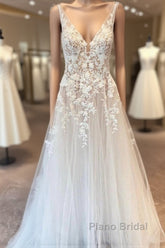 Elegant Long A-line V-neck Tulle Appliques Lace Open Back Wedding Dress