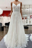 Elegant Long A-Line V Neck Tulle Spaghetti Straps Lace Wedding Dress
