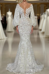 Elegant Long Mermaid V-neck Tulle Lace Wedding Dress with Sleeves