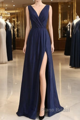 Elegant Navy Blue Chiffon Bridesmaid Dresses With Slit