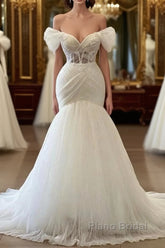 Elegant Off the Shoulder Floor Length Mermaid Tulle Wedding Dress
