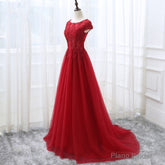 Elegant Red Tulle Long Prom Dress with Lace Applique, Red Party Gowns