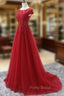Elegant Red Tulle Long Formal Prom Dresses with Lace Applique, Red Party Gowns