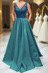 Elegant V Neck Green Lace Long Formal Prom Dress, Green Lace Formal Graduation Evening Dress